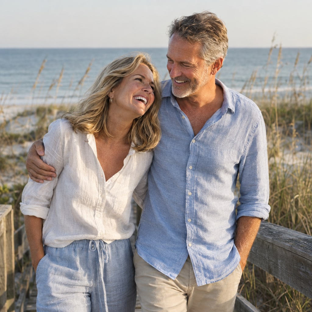 A couple in their fifties laughing together on a boardwalk by the beach