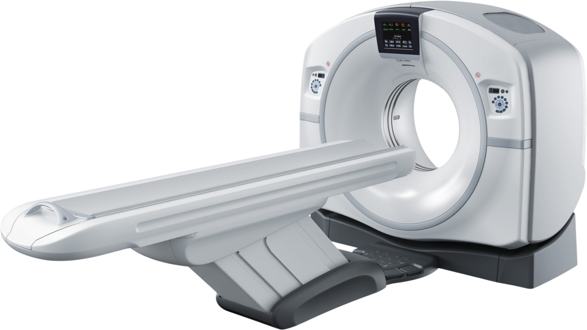 An open-ring CT scanner with its patient table extended
